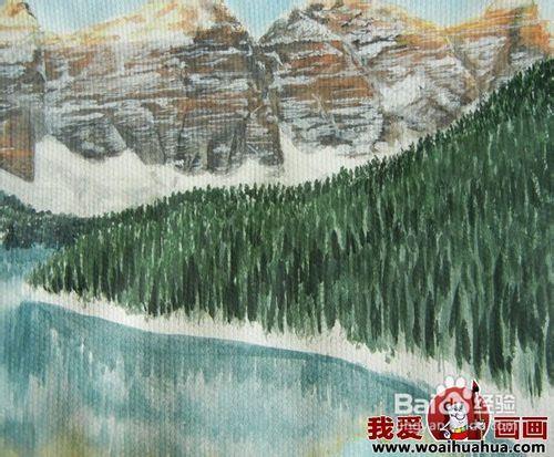 水粉風景畫繪畫步驟圖文教程：雪山藍天和湖水