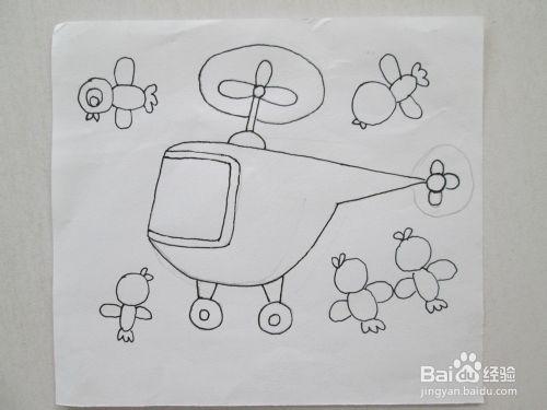 兒童水彩筆畫《直升機與小鳥》作畫步驟