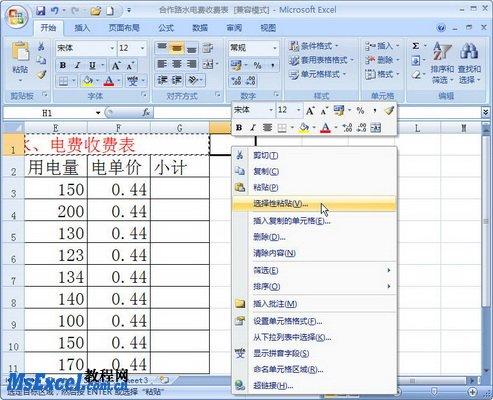 在Excel2007工作表中使用選擇性粘貼