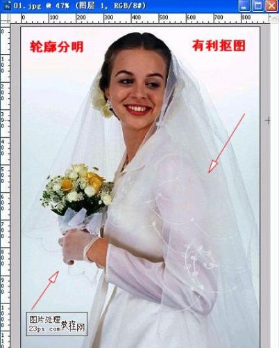 Photoshop在白背景中摳出白色婚紗