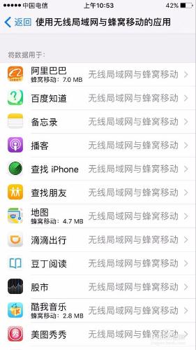 蘋果手機如何檢視應用具體使用的蜂窩移動量